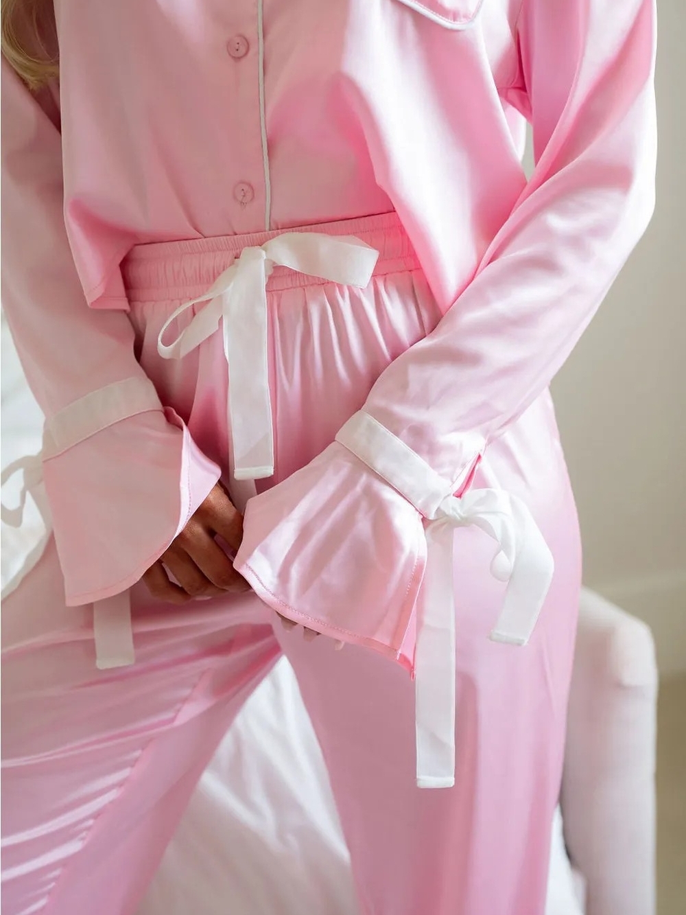 Women's Pink Satin Pajama (Loungewear) Set with White Trim